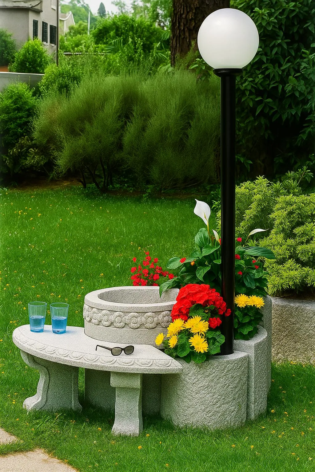 Panchina semicircolare con porta lampione e porta fiori